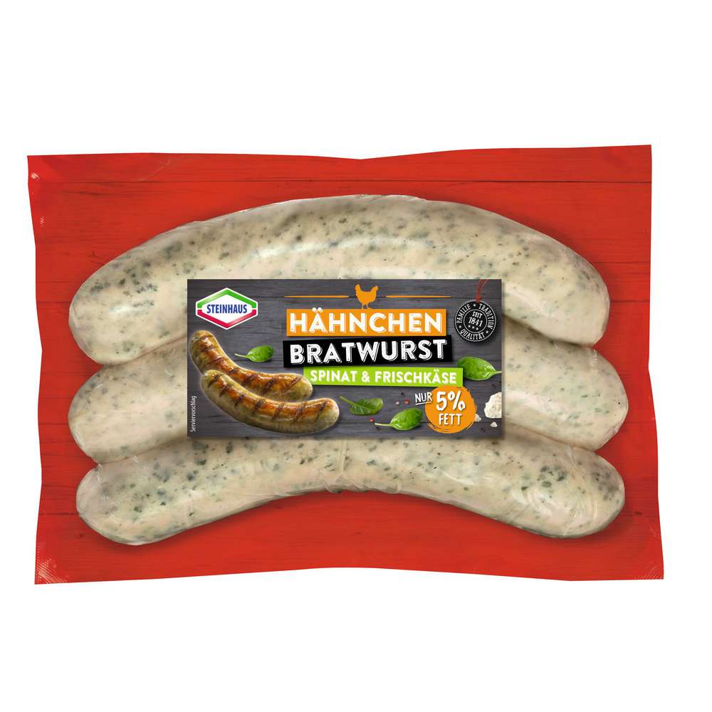 Produktabbildung Steinhaus Hähnchenbratwurst, Frischkäse-Spinat
