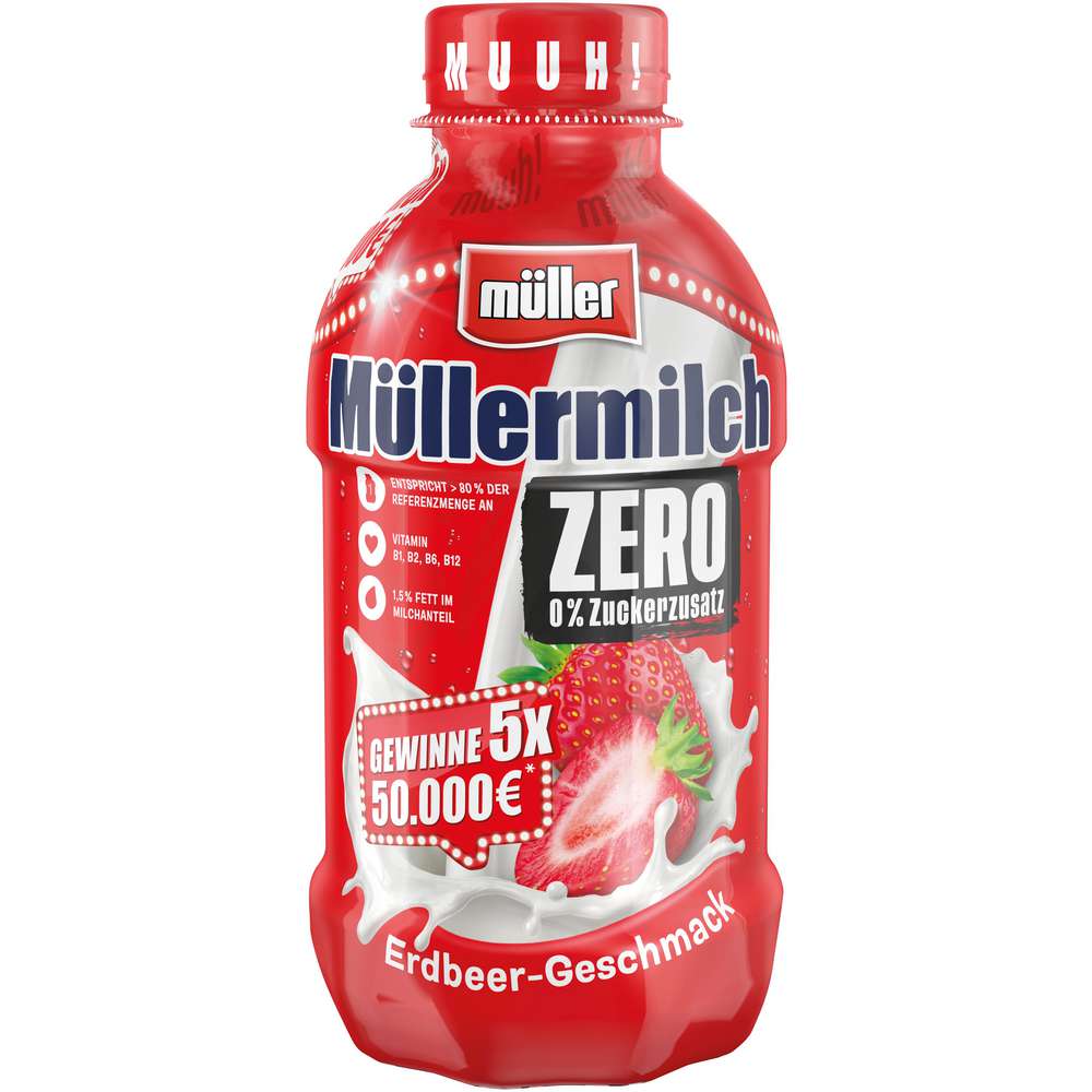 Produktabbildung Müller Müllermilch Erdbeere-Geschmack, 0% Zuckerzusatz