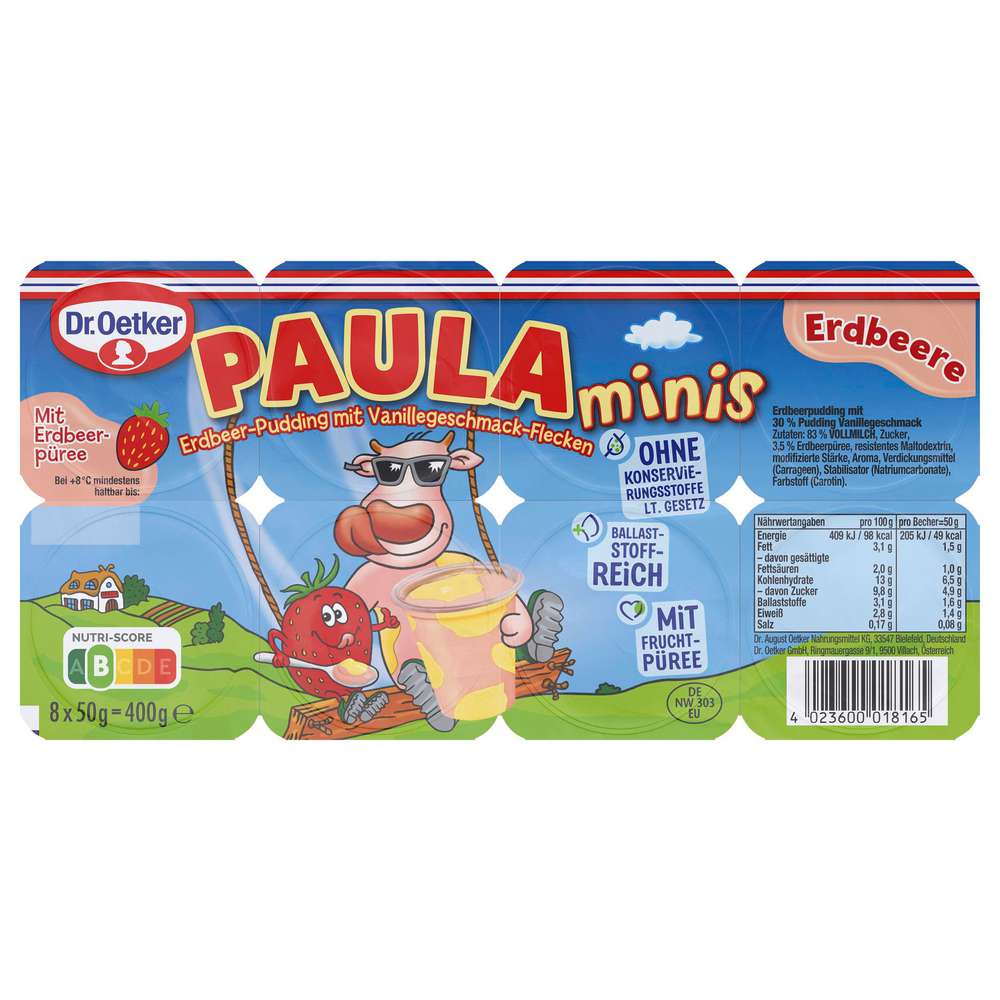Produktabbildung Dr. Oetker Paula Minis Erdbeer Pudding mit Vanillegeschmack-Flecken