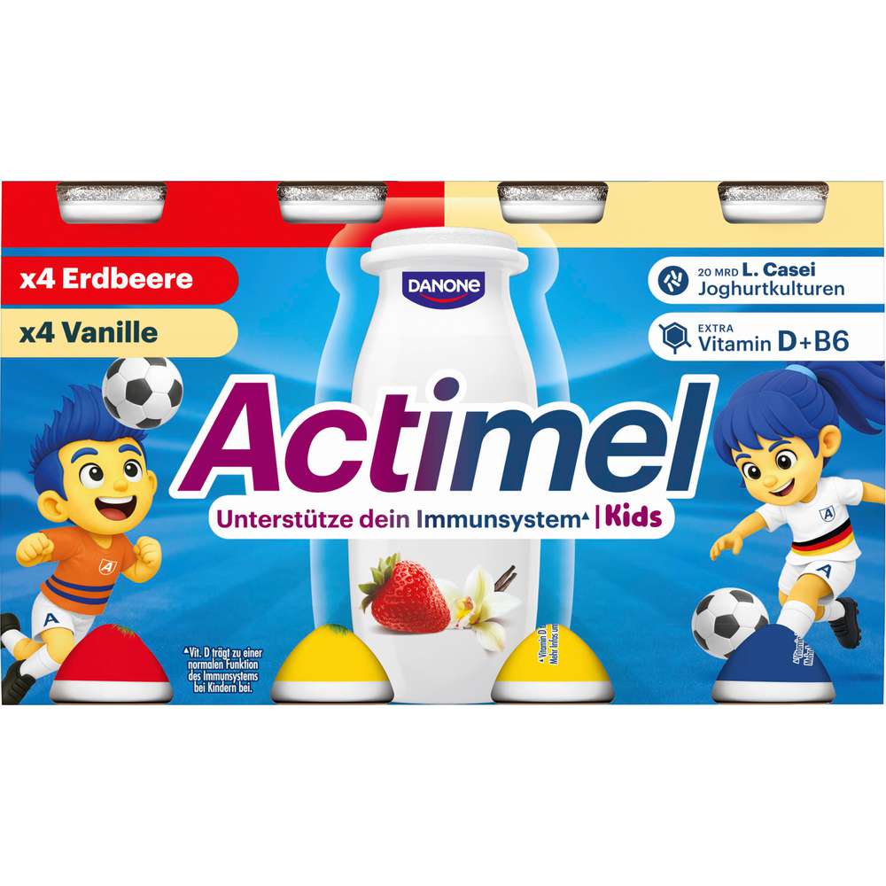 Produktabbildung Danone Actimel Trinkjoghurt Kids, Vanille und Erdbeere