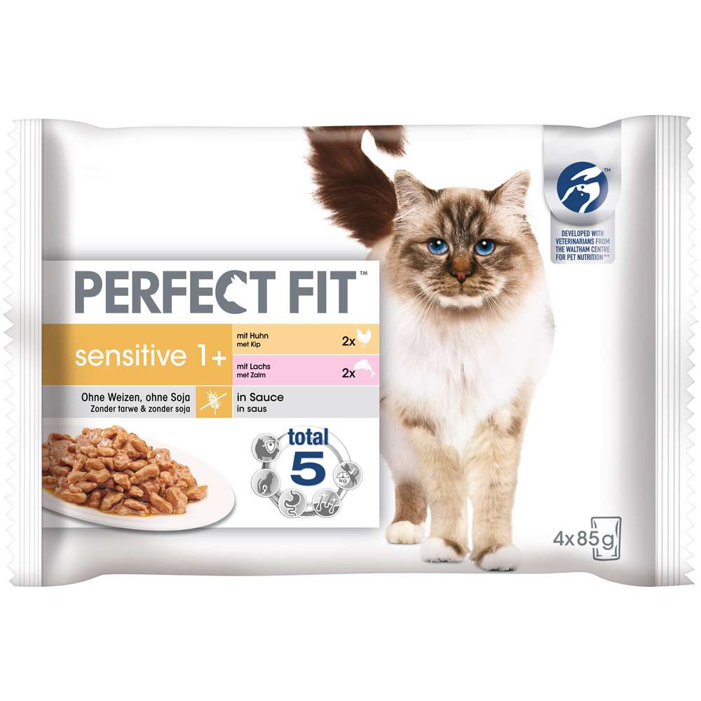 Produktabbildung Perfect Fit Katzen-Nassfutter Sensitive, 1+, Huhn/Lachs