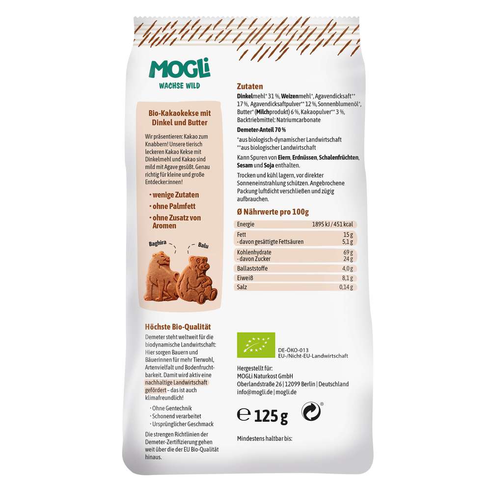 Produktabbildung MOGLi Bio Kakokekse Nasch Gebäck, mit Dinkel und Butter