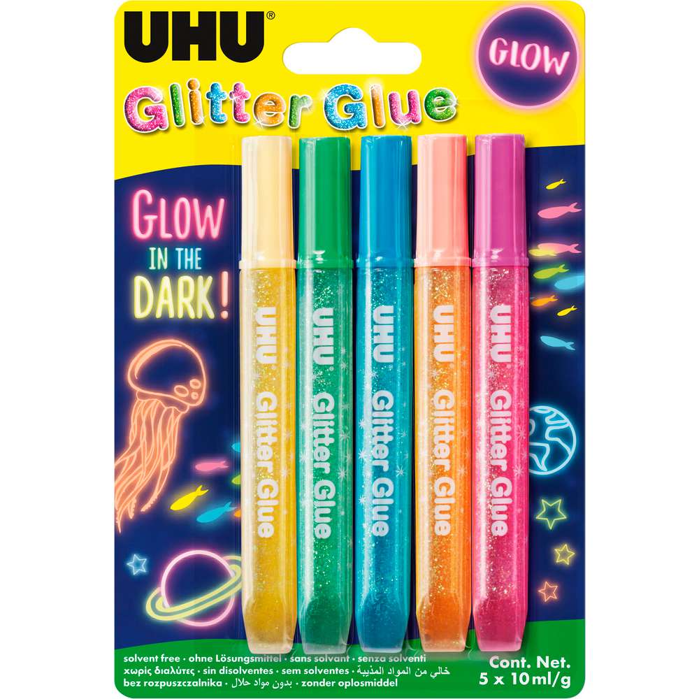 Produktabbildung UHU Glitter Glue, Glow in the Dark! 5 x 10 ml