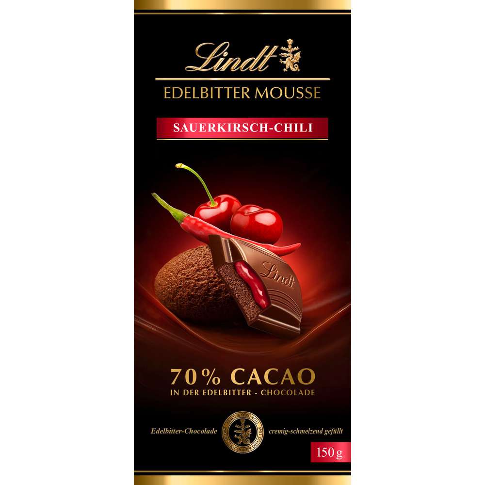 Produktabbildung Lindt Tafelschokolade Edelbitter Mousse, Chili/Sauerkirsch