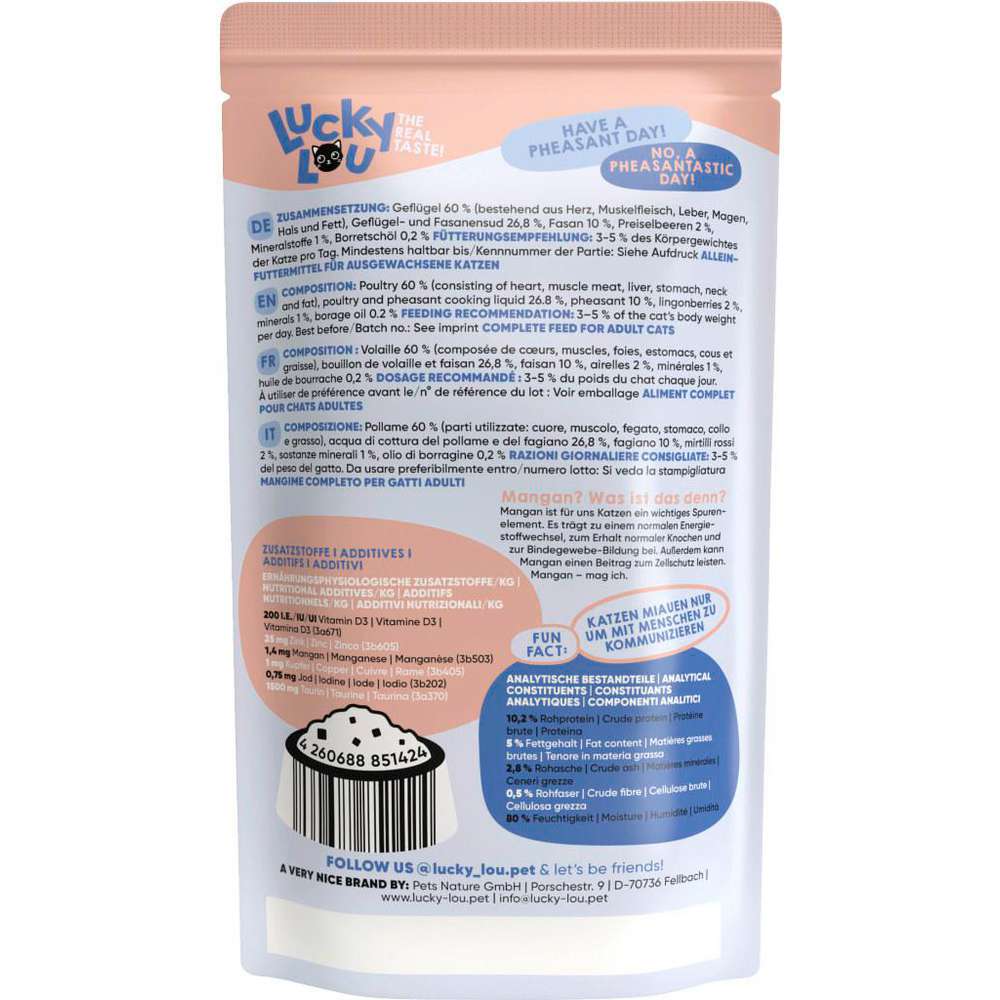 Produktabbildung Lucky Lou Katzen-Nassfutter, Geflügel & Fasan mit Preiselbeeren