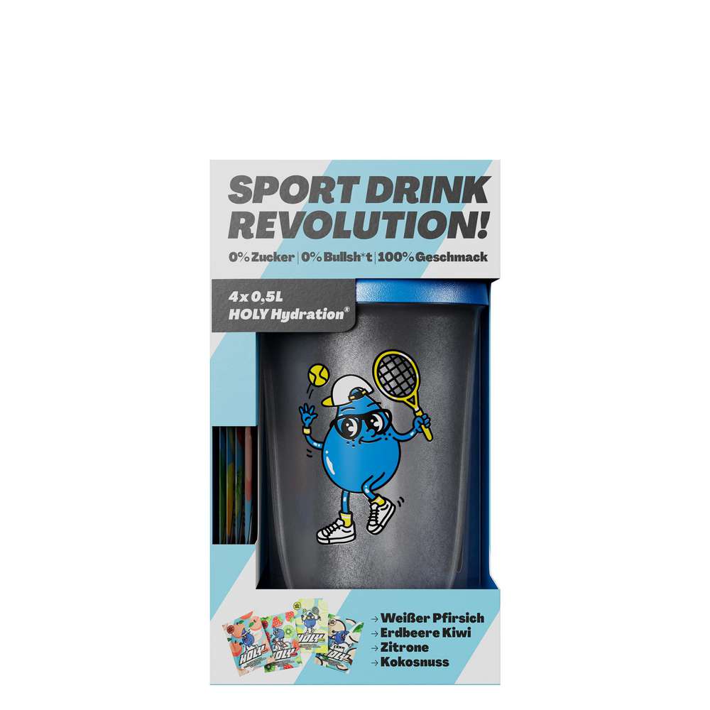 Produktabbildung HOLY Energy Starter-Set Shaker + Pulver, Weißer Pfirsich/Erdbeere-Kiwi/Zitrone/Kokosnuss