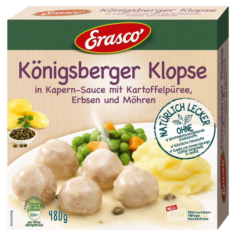 Produktabbildung Erasco Königsberger Klopse in Kapern-Sauce mit Kartoffelpüree, Erbsen & Möhren