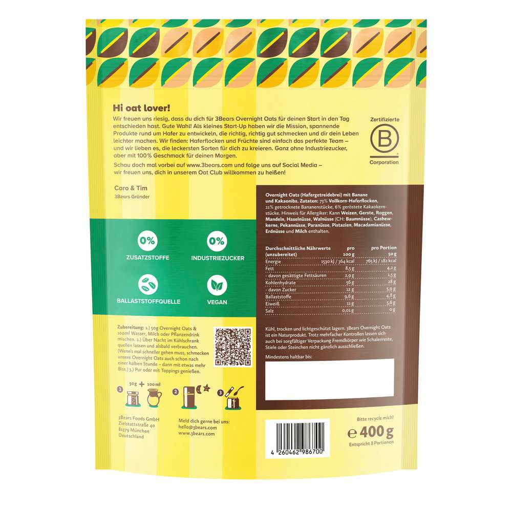 Produktabbildung 3Bears Overnight Oats, Bananen Split