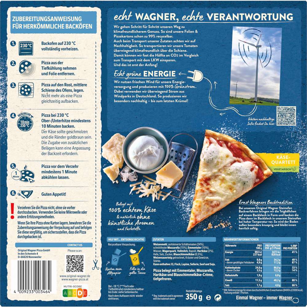 Produktabbildung Wagner Pizza Steinofen Käse-Quartett, tiefgekühlt