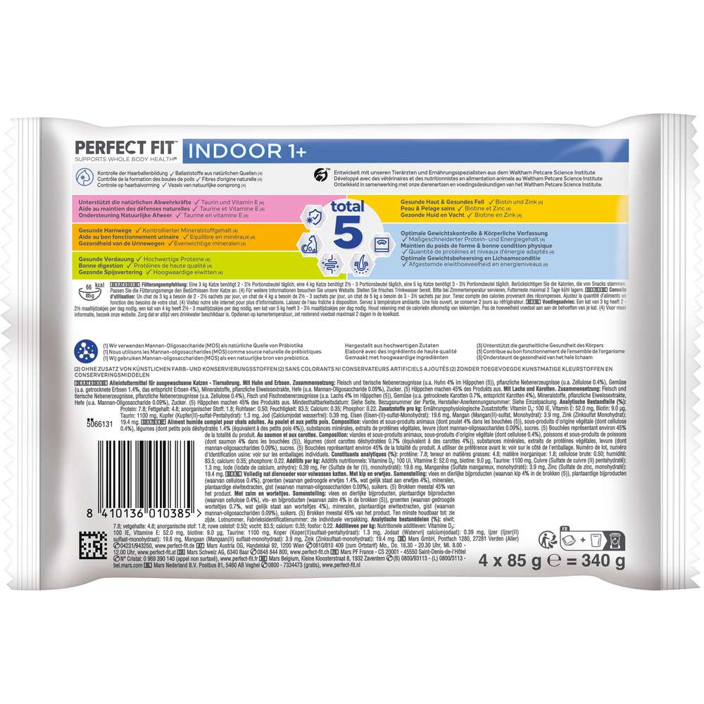 Produktabbildung Perfect Fit Katzen-Nassfutter Indoor, 1+, Huhn/Erbsen und Lachs/Karotten