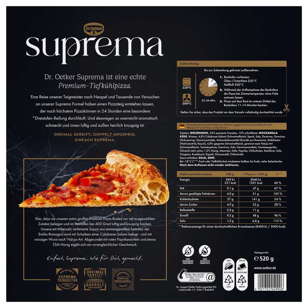 Produktabbildung Dr. Oetker Pizza Suprema Calabrese & Nduja tipo