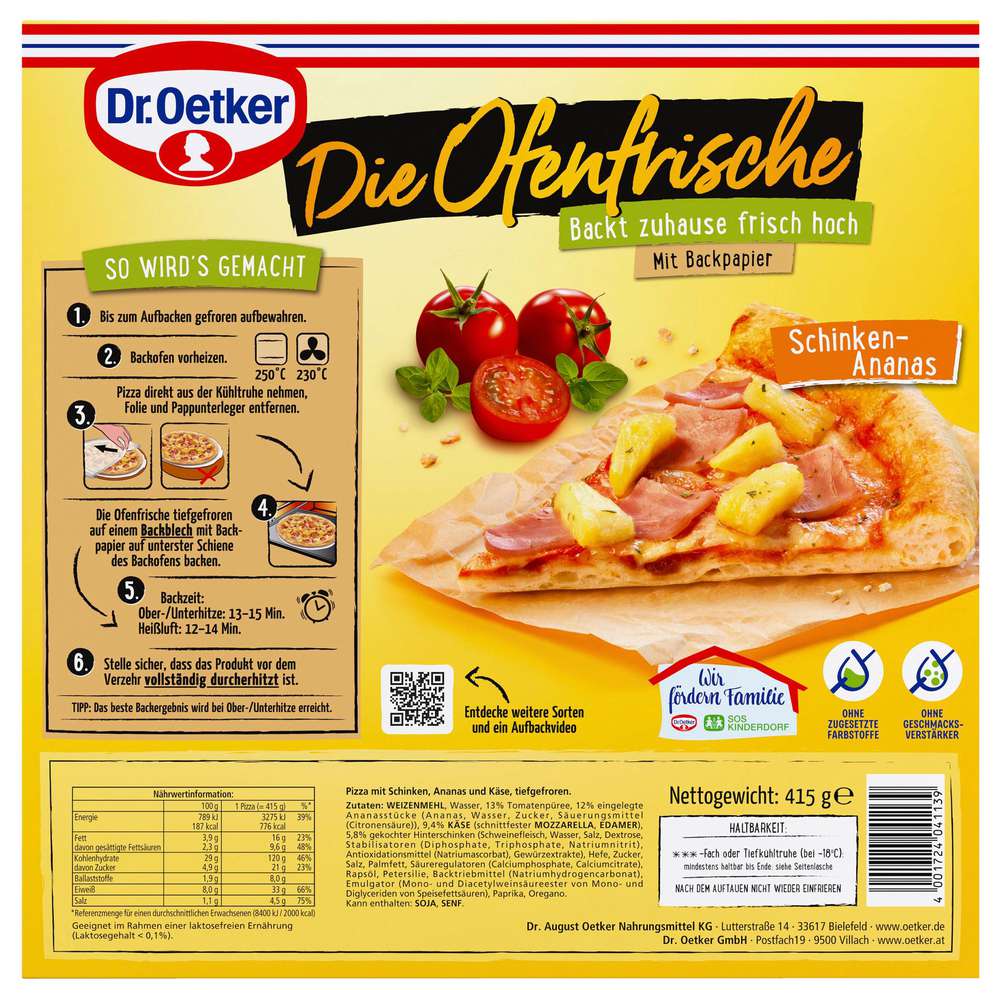 Produktabbildung Dr. Oetker Pizza Ofenfrische Schinken-Ananas, tiefgekühlt