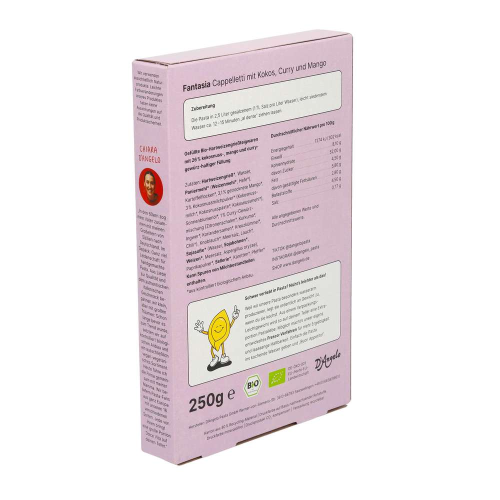 Produktabbildung D'Angelo Vegane Pasta Fantasia, Cappelletti mit Kokos/Curry/mANGO