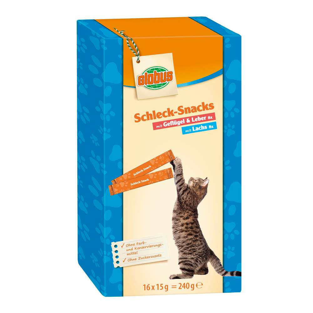 Produktabbildung GLOBUS Katzen Schleck-Snacks Geflügel & Leber/Lachs