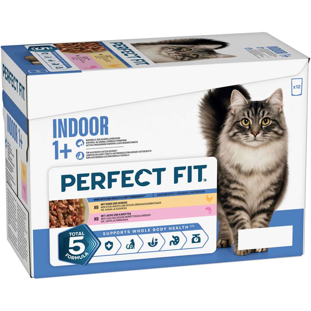 Produktabbildung Perfect Fit Katzen-Nassfutter Indoor, Huhn/Lachs