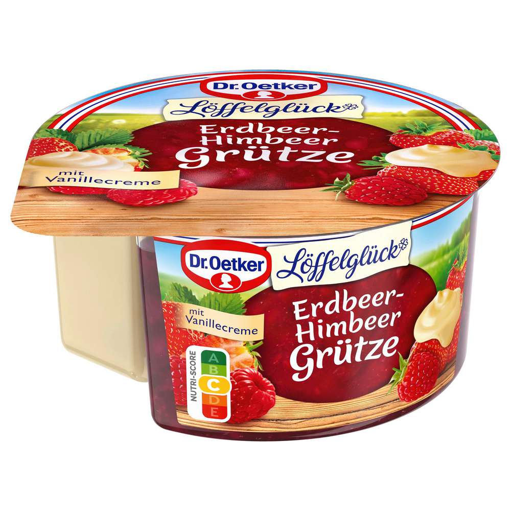 Produktabbildung Dr. Oetker Löffelglück Erdbeer-Himbeer Grütze mit Vanillesoße