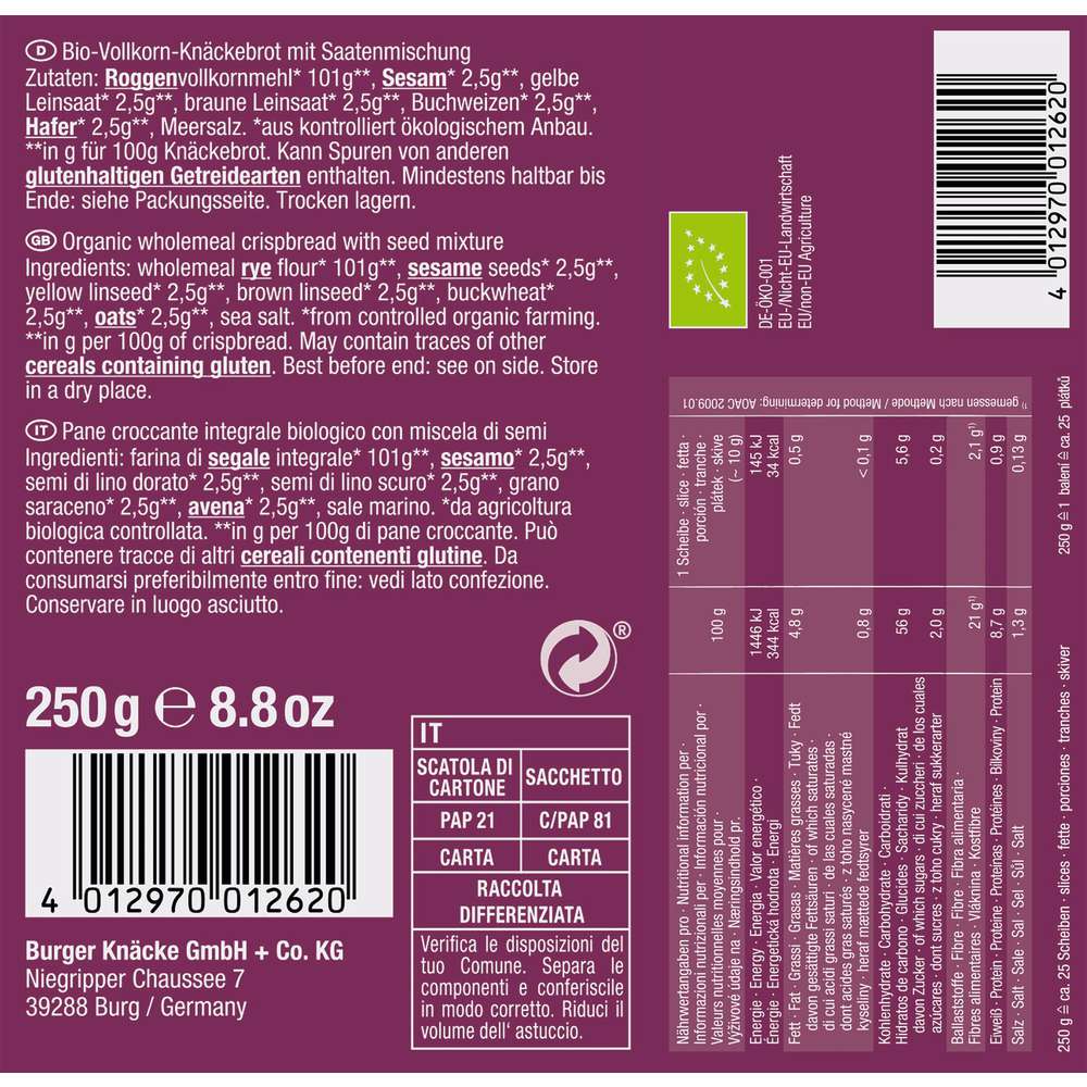 Produktabbildung Burger Bio Knäckebrot, 5 Saaten