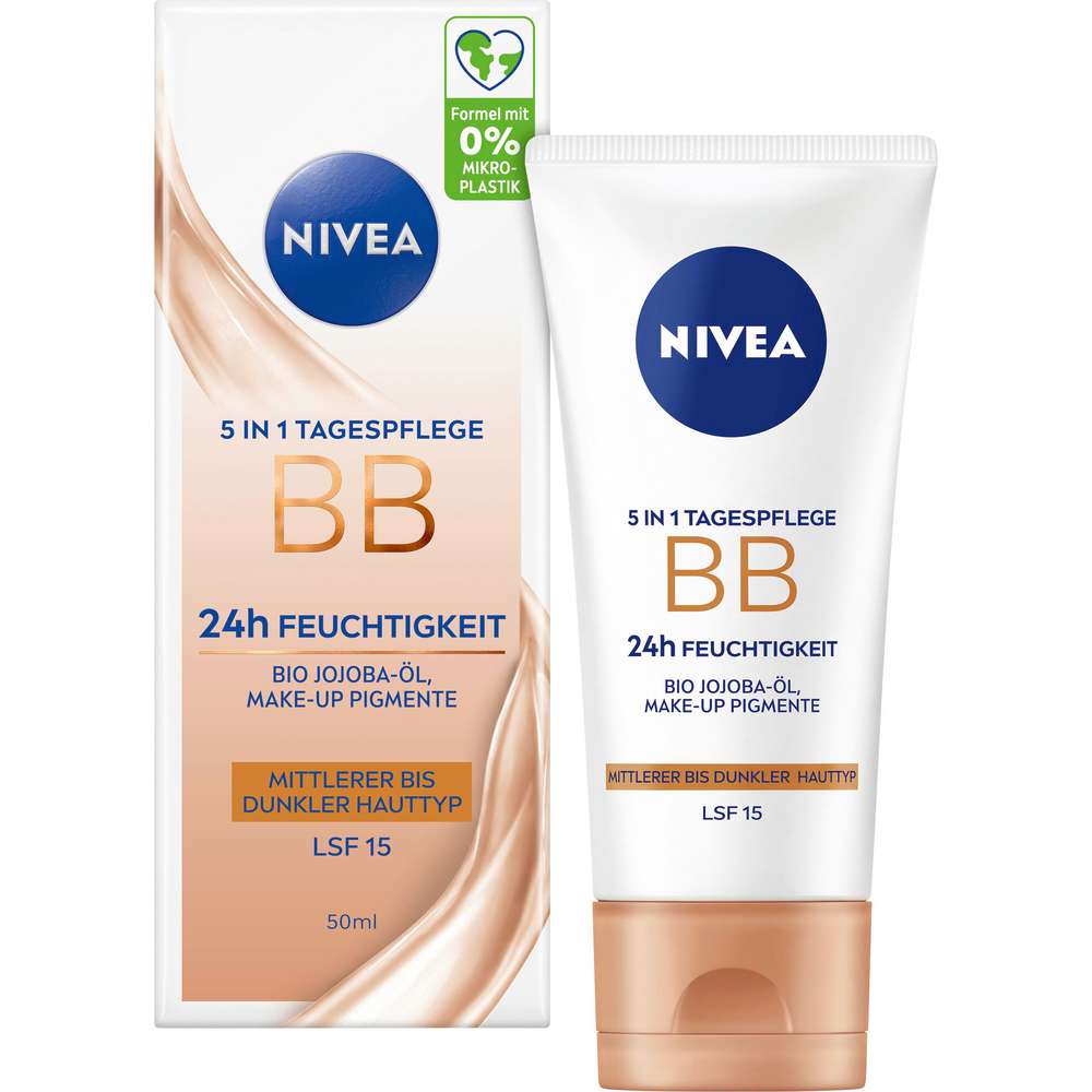 Produktabbildung Nivea BB Cream, 5 in 1 Tagespflege LSF 15, mittlerer bis dunkler Hauttyp