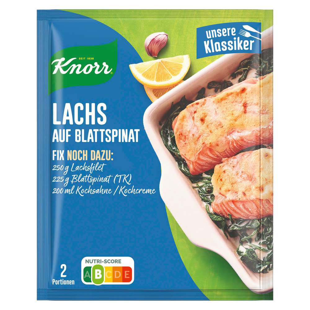 Produktabbildung Knorr Fix Würzmischung Lachs auf Blattspinat