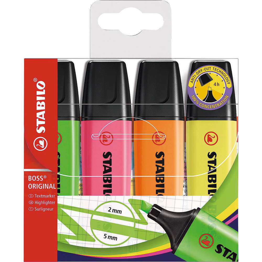 Produktabbildung STABILO Textmarker BOSS ORIGINAL, 4er Pack, gelb, orange, grün, pink