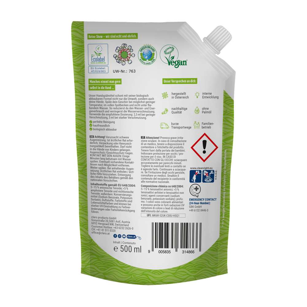 Produktabbildung claro Geschirrspülmittel Nachfüller, Rhabarber