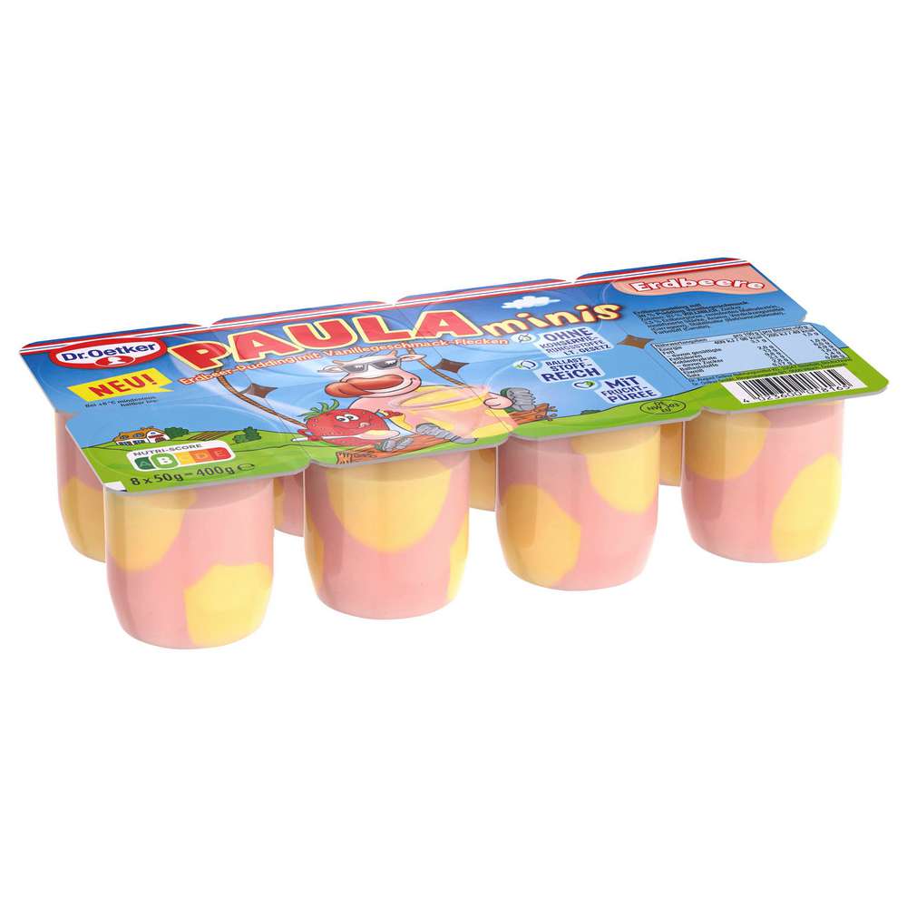 Produktabbildung Dr. Oetker Paula Minis Erdbeer Pudding mit Vanillegeschmack-Flecken