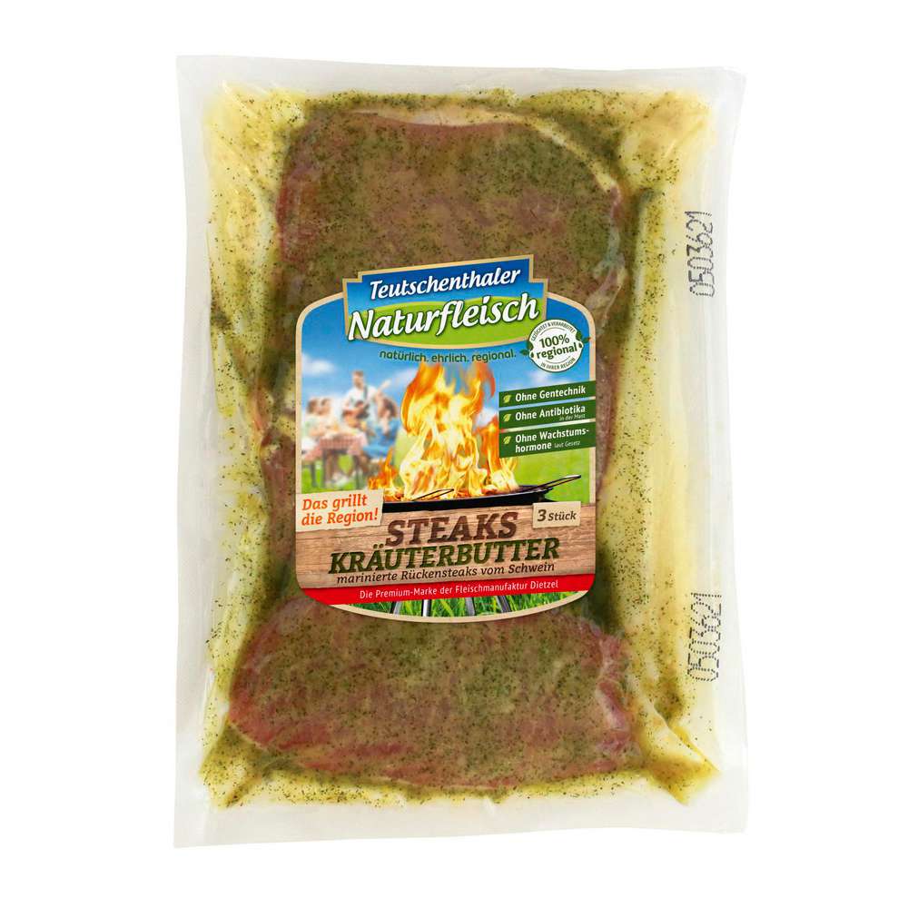 Produktabbildung Teutschenthaler Naturfleisch Rückensteaks Kräuterbutter