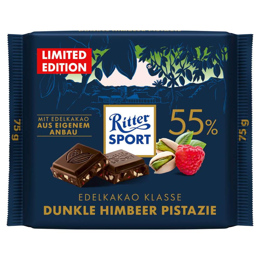 Produktabbildung Ritter Sport Tafelschokolade Kakao Klasse, Dunkle Himbeere-Pistazie 55%