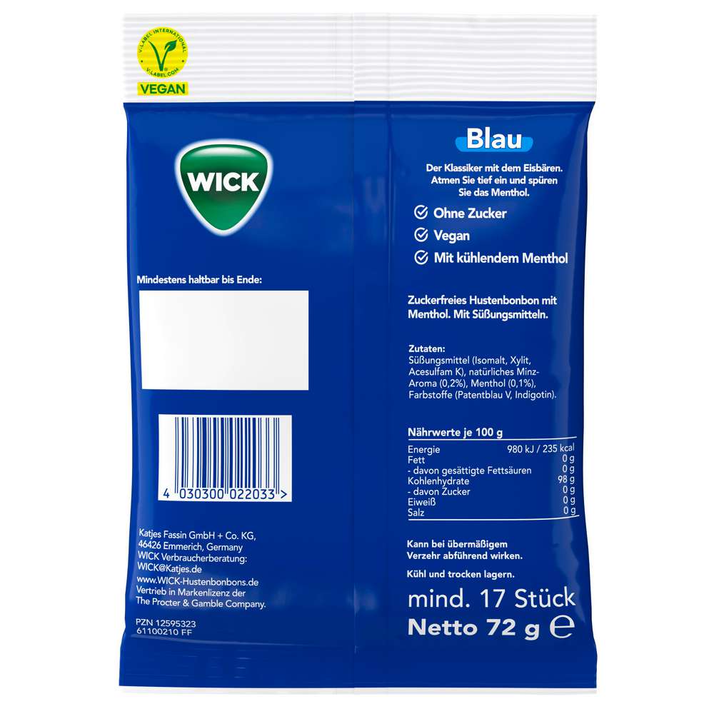 Produktabbildung Wick Bonbons Blau Menthol, ohne Zucker