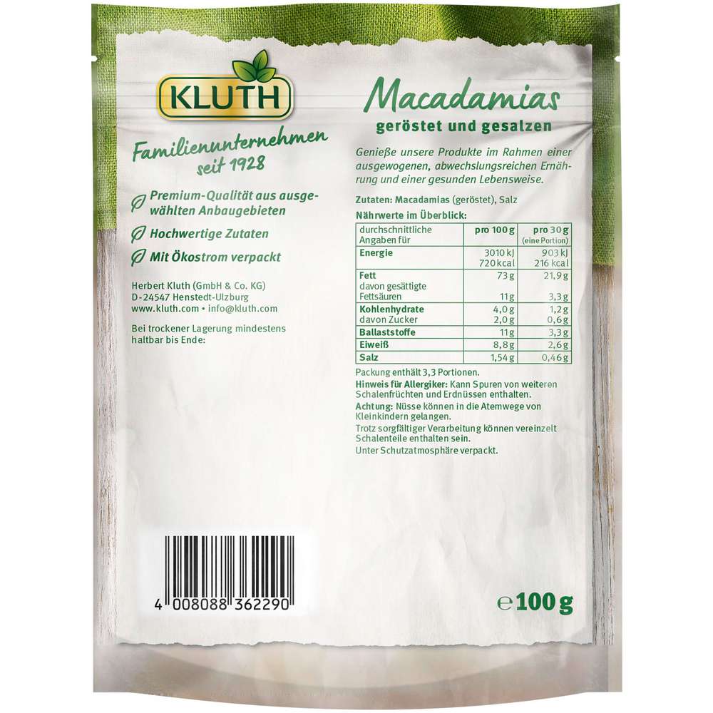Produktabbildung Kluth Macadamias, geröstet & gesalzen