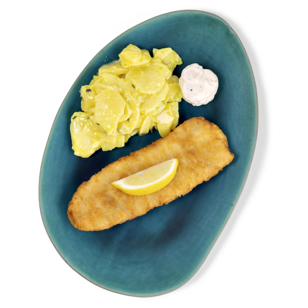 Produktabbildung GLOBUS Wochengericht Wochengericht: Alaska-Seelachsfilet im Tempurateig, mit Kartoffelsalat