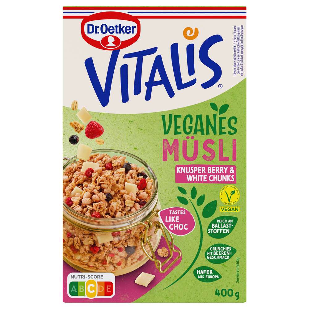 Produktabbildung Dr. Oetker Vitalis Knusper Müsli Vegan, Berry White Choc
