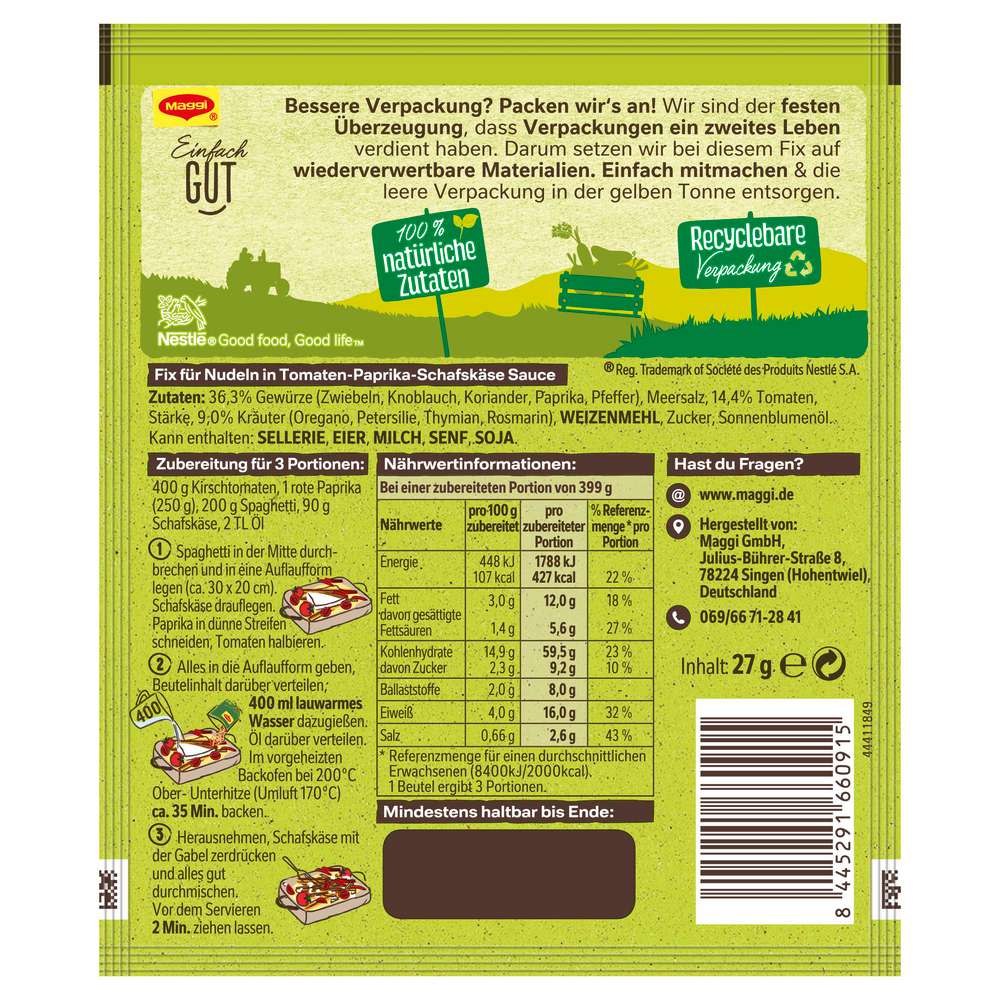 Produktabbildung Maggi Fix-Würzmischung Tomaten Schafskäse Pasta