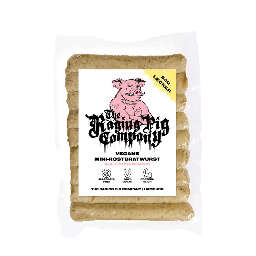 Produktabbildung The Raging Pig Company Vegane Mini-Rostbratwurst auf Erbsenbasis
