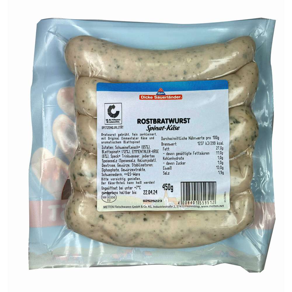 Produktabbildung Metten Rostbratwurst mit Käse-Spinat