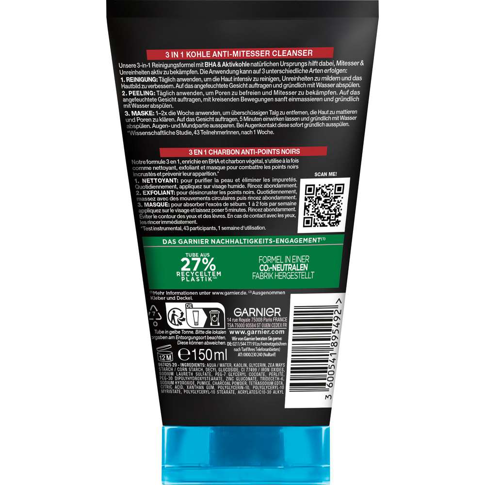 Produktabbildung Garnier Skin Active Waschgel Hautklar 3 in 1 Anti Mitesser Kohle