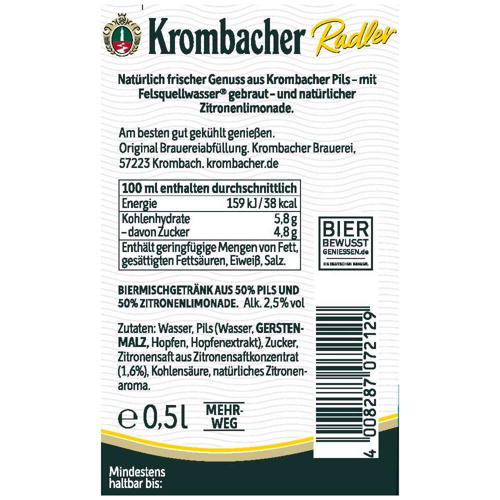 Produktabbildung Krombacher Biermischgetränk, Radler 2,5 %
