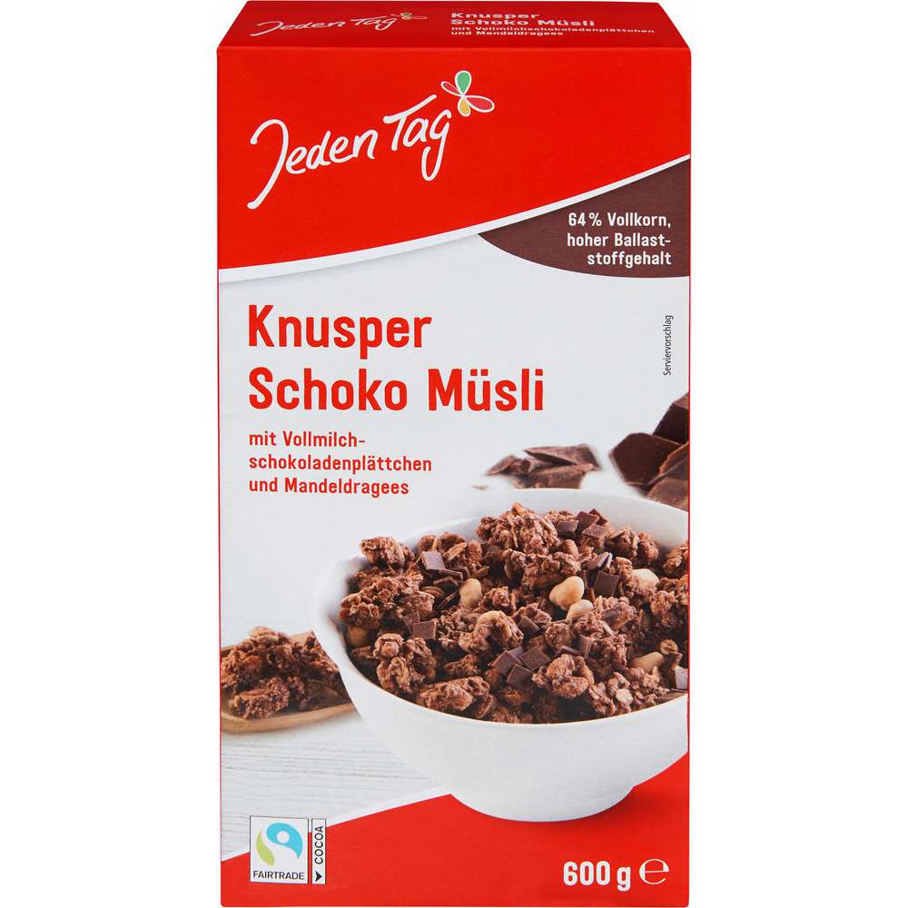 Produktabbildung Jeden Tag Knuspermüsli Schoko mit Schokoladenplättchen und Mandeldragees