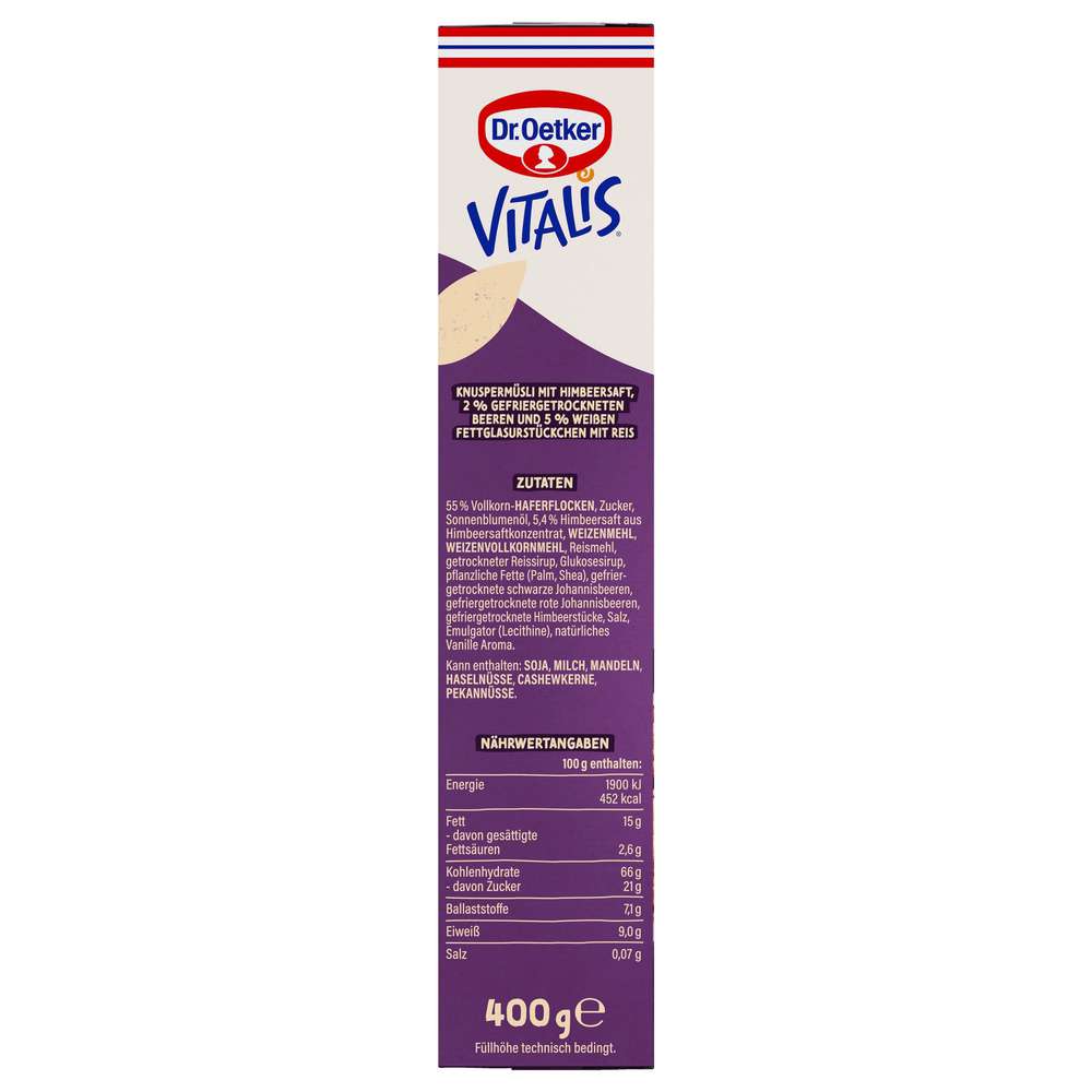 Produktabbildung Dr. Oetker Vitalis Knusper Müsli Vegan, Berry White Choc