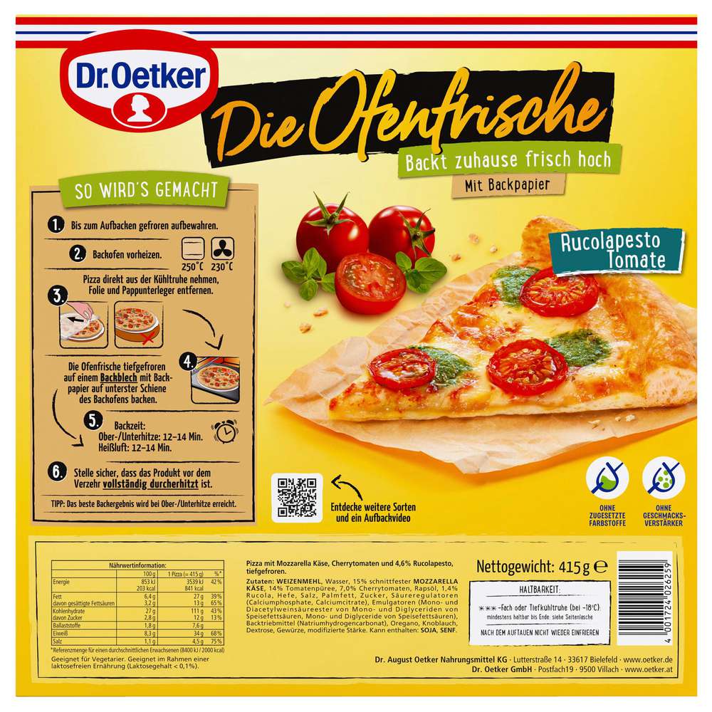 Produktabbildung Dr. Oetker Pizza Ofenfrische Rucolapesto Tomate, tiefgekühlt