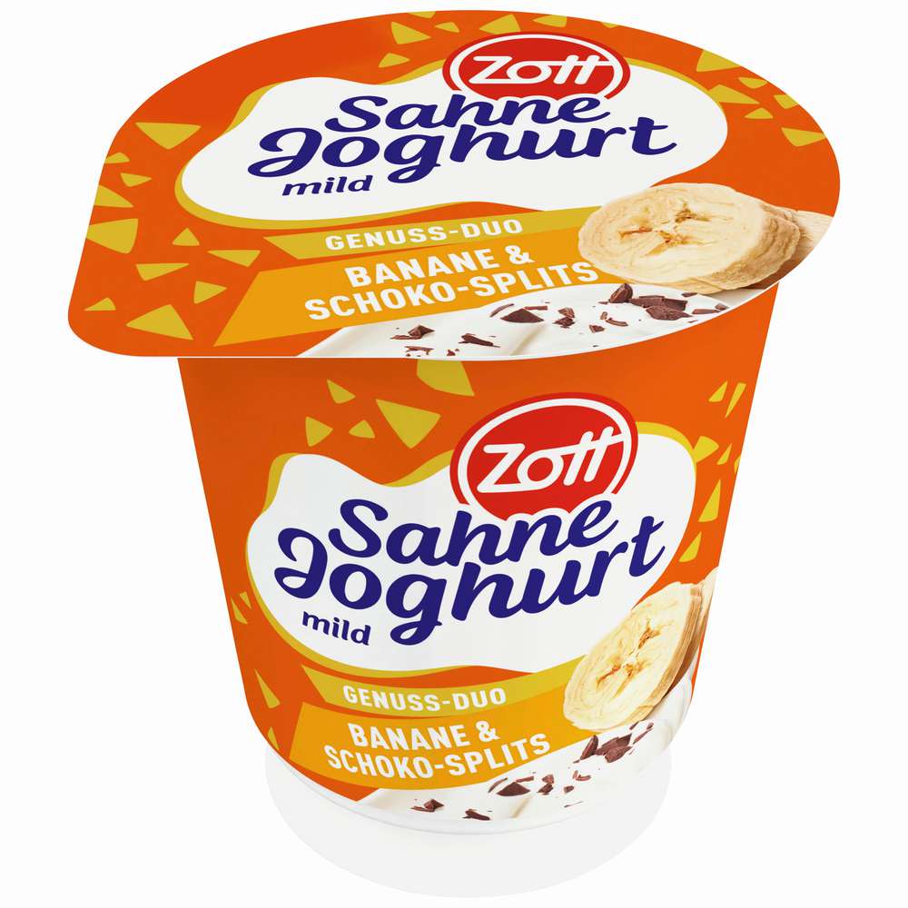 Produktabbildung Zott Sahnejoghurt mild, Genuss-Duo, Banane & Schoko-Splits