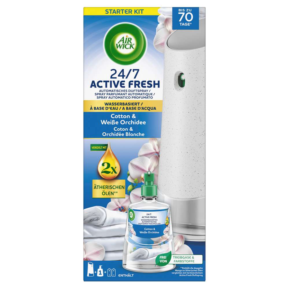 Produktabbildung Air Wick Duftspray 24/7 Active Fresh Starter-Set, Cotton & Weiße Orchidee