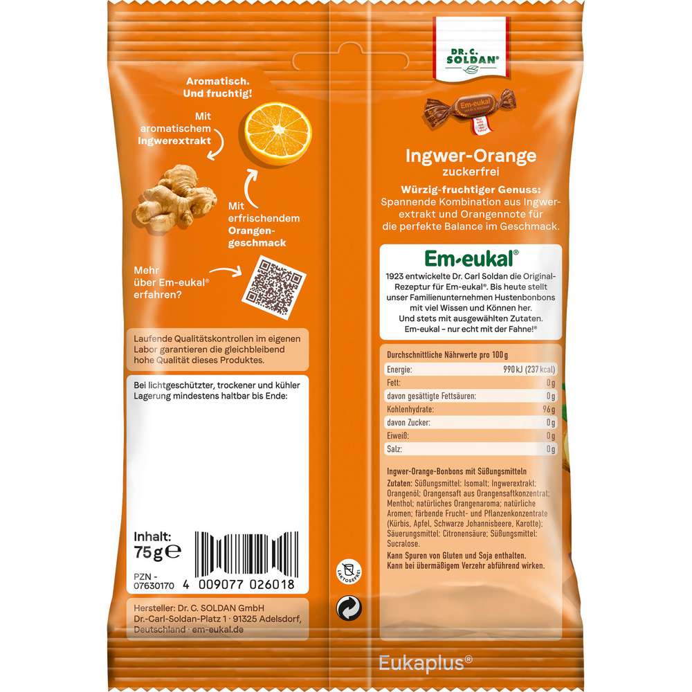 Produktabbildung Em-Eukal Bonbons Orange-Ingwer, zuckerfrei