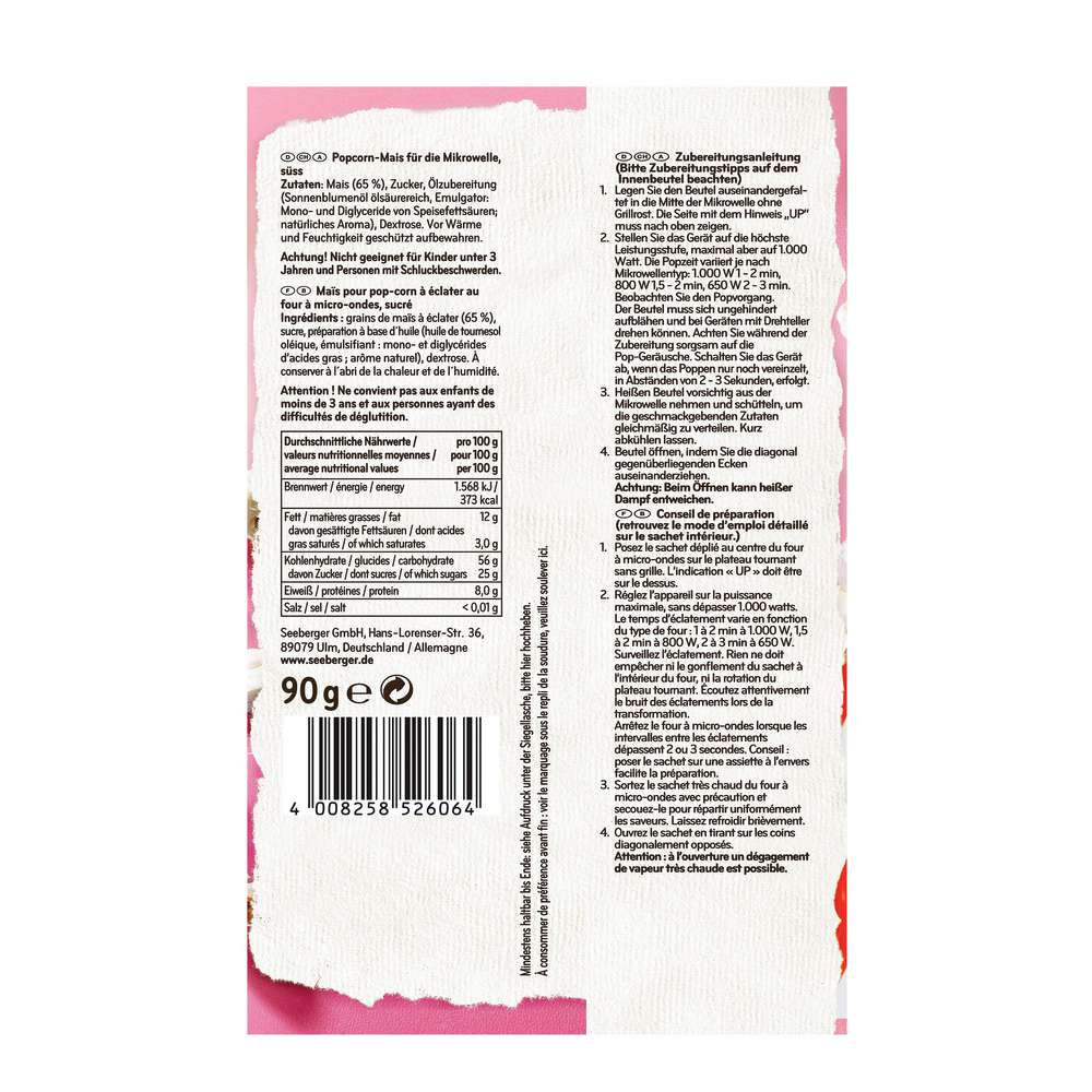 Produktabbildung Seeberger Mikrowellen-Popcorn, Süß