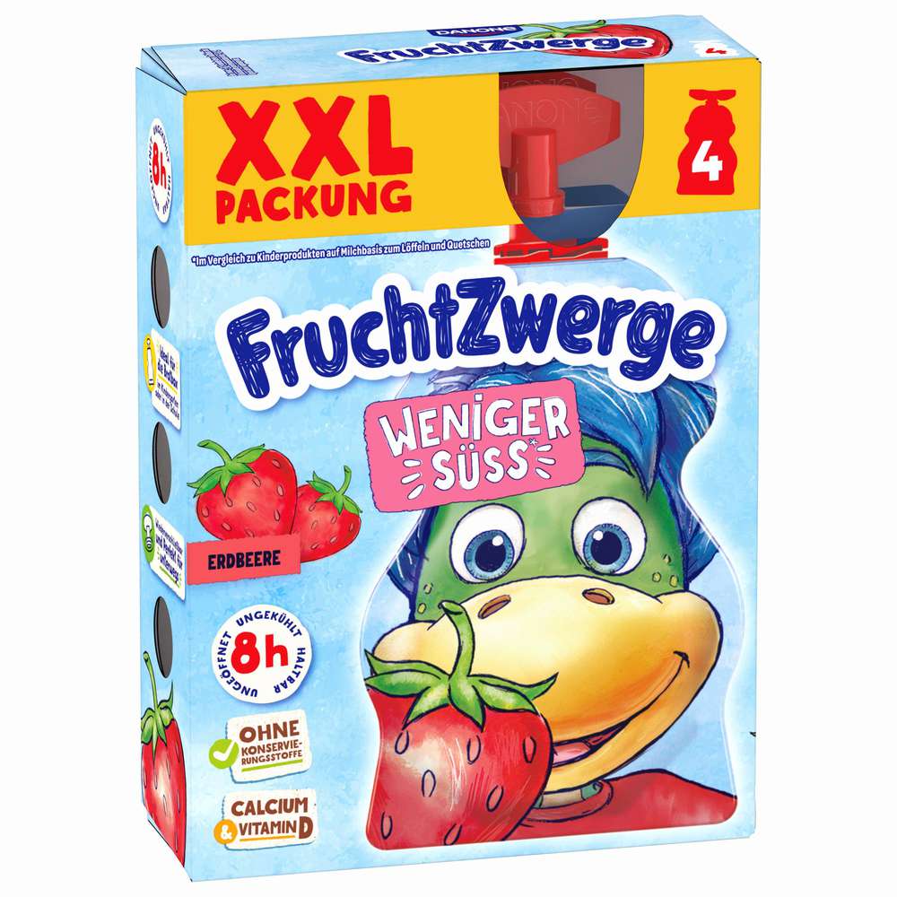 Produktabbildung Fruchtzwerge Quetschies, 4 x 70 g, Erdbeere, weniger süß