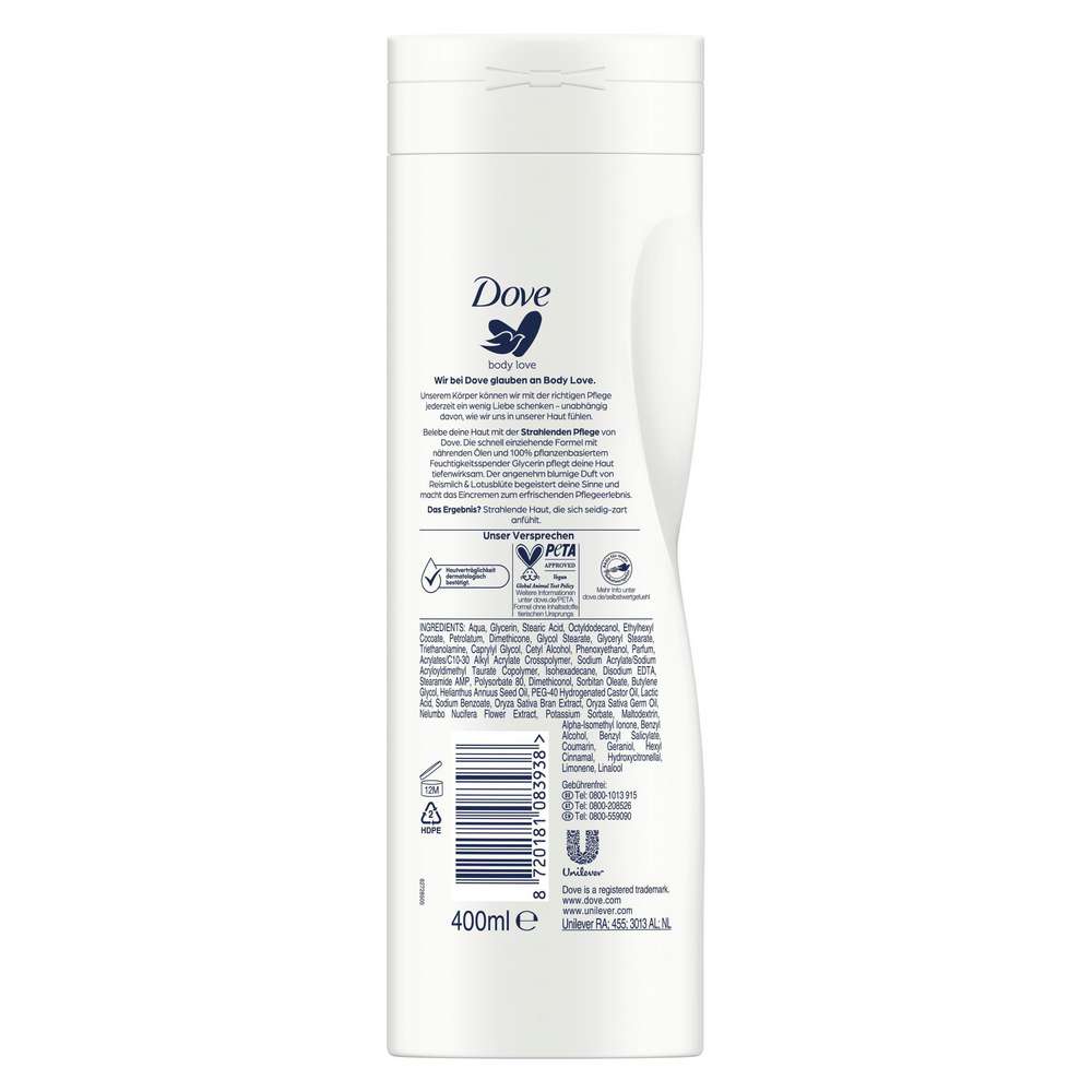 Produktabbildung Dove Bodylotion Body Love Strahlendes Ritual, alle Hauttypen, Reismilch-Lotusblüte