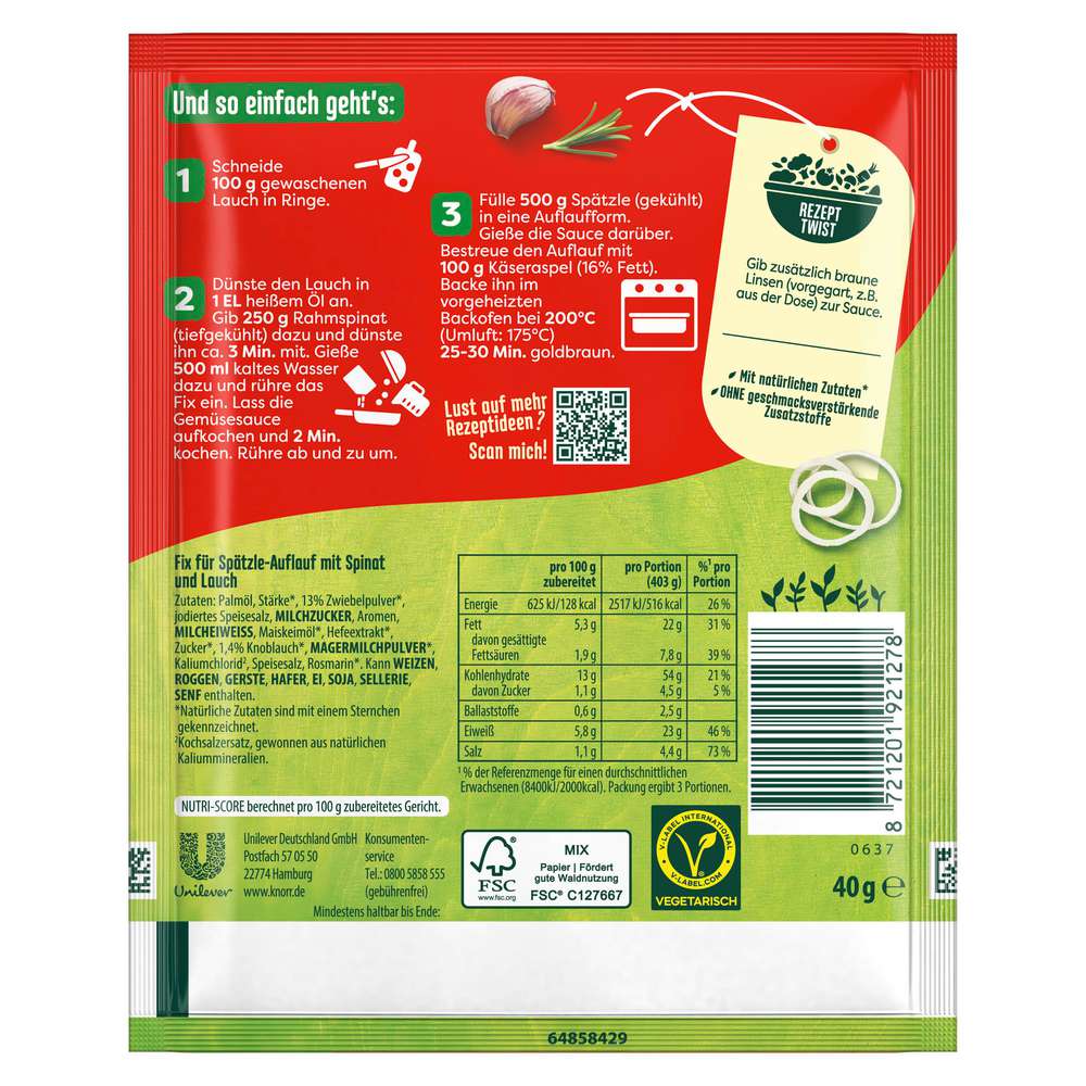 Produktabbildung Knorr Fix Würzmischung, Spätzle Auflauf Veggie
