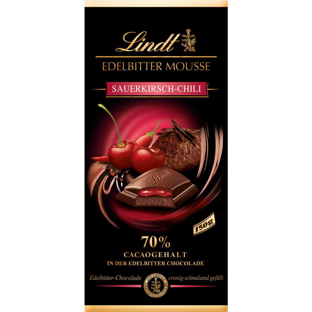 Produktabbildung Lindt Tafelschokolade Edelbitter Mousse, Chili/Sauerkirsch
