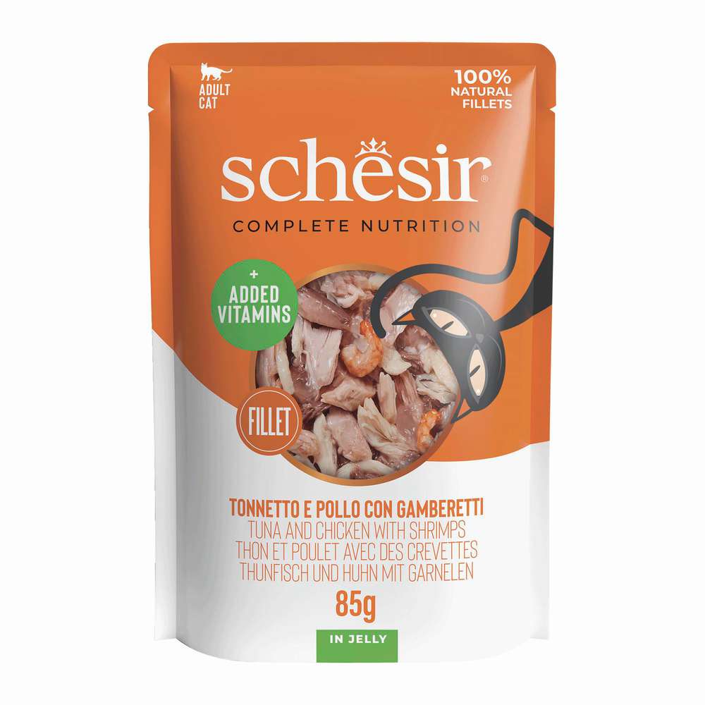 Produktabbildung Schesir Katzen-Nassfutter Adult, Thunfisch/Huhn/Garnele