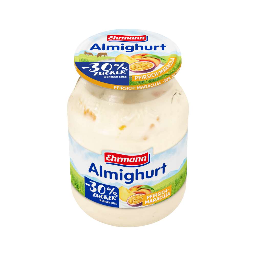 Produktabbildung Ehrmann Fruchtjoghurt Almighurt, Pfirsich-Maracuja, -30 % Zucker